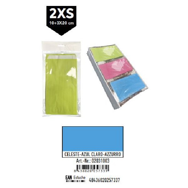02031003.jpg Pack 12 Sobres Celulosa Celeste Tamaño "2XS" 10+3x20 cm