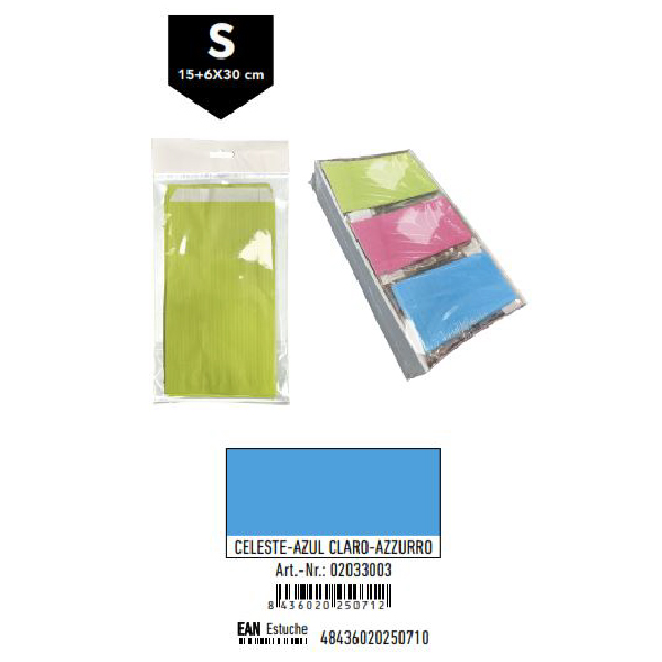 02033003.jpg Pack 12 Sobres Celulosa Celeste Tamaño "S" 15+6x30 cm