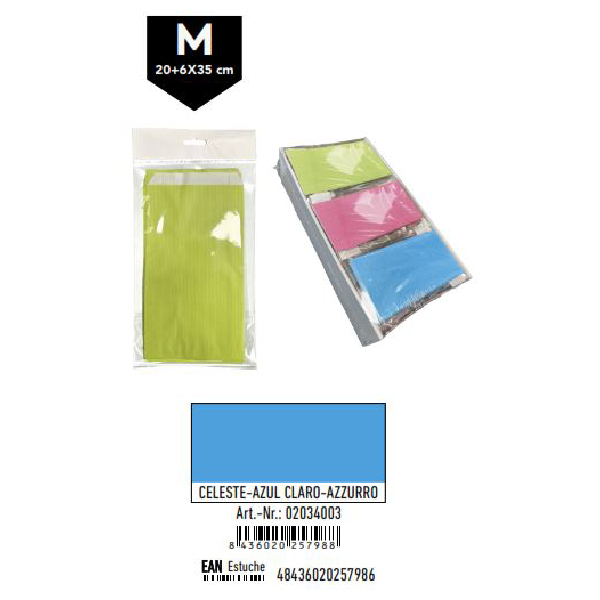 02034003.jpg Pack 12 Sobres Celulosa Celeste Tamaño "M" 20+6x35 cm