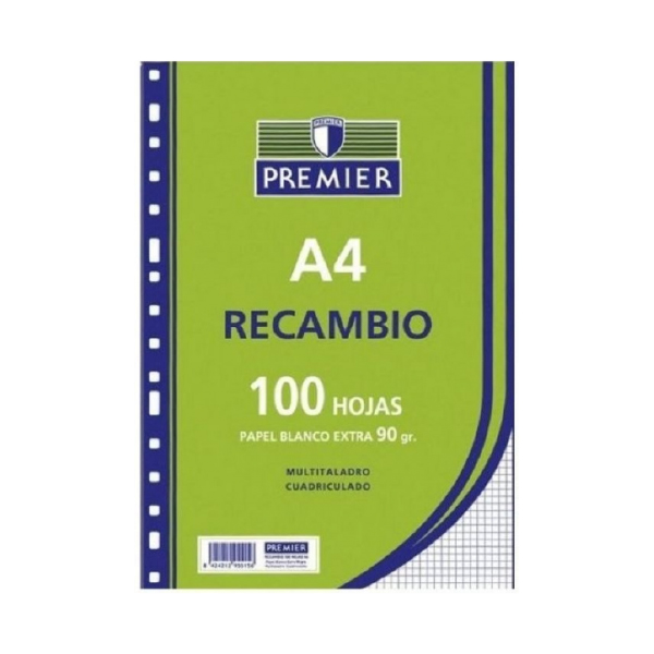 Recambio A-4 100 Hojas 90 grs 4 Taladros Cuadro 4 mm